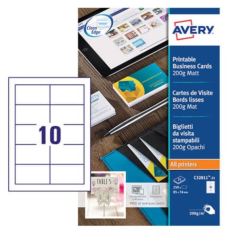 Biglietti da visita personalizzabili Avery Quick&Clean™ 85x54 mm 10/foglio opachi per laser - conf. 25 ff C32011-25